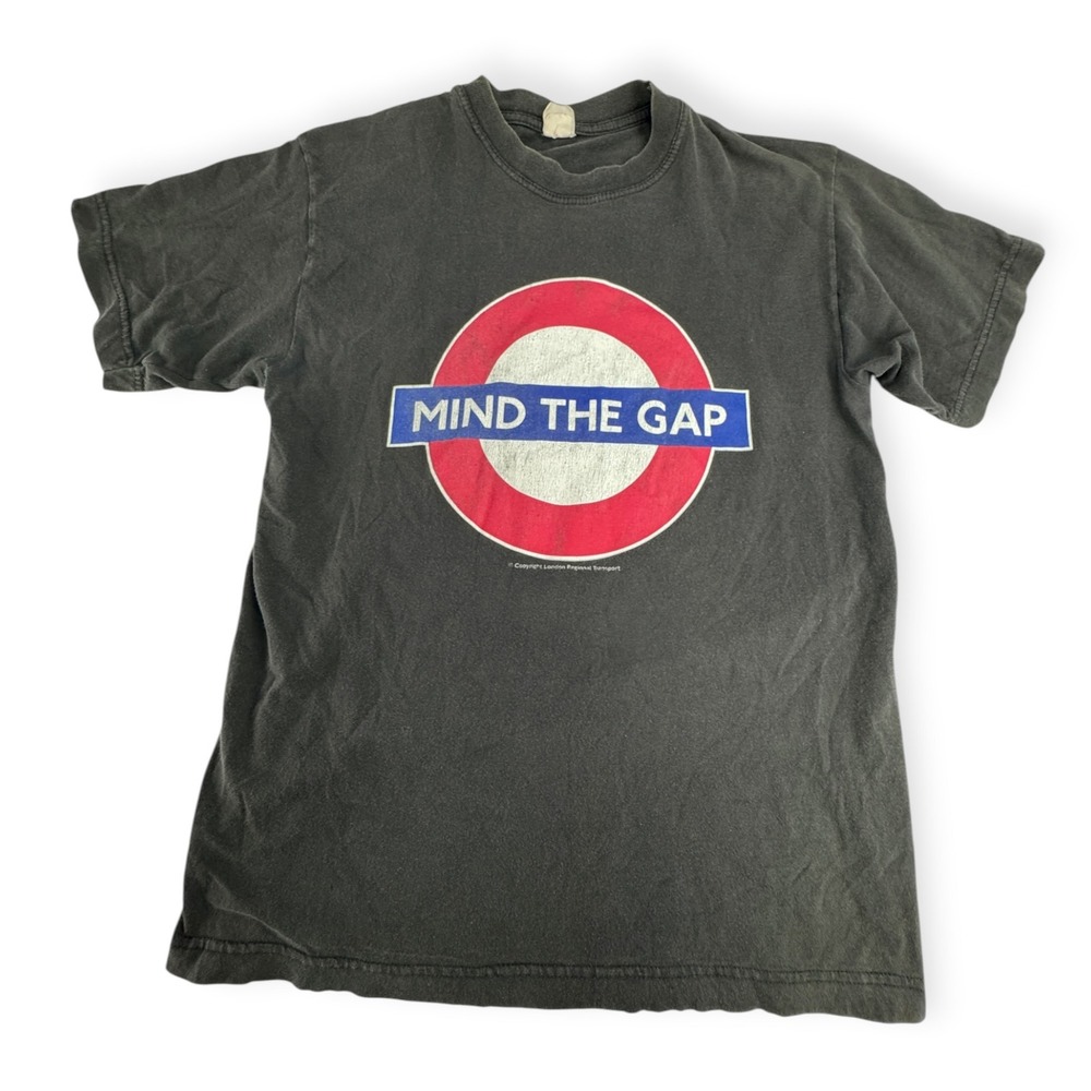 Vintage London Underground Mind The Gap T-Shirt Small/Medium Black Graphic Tee